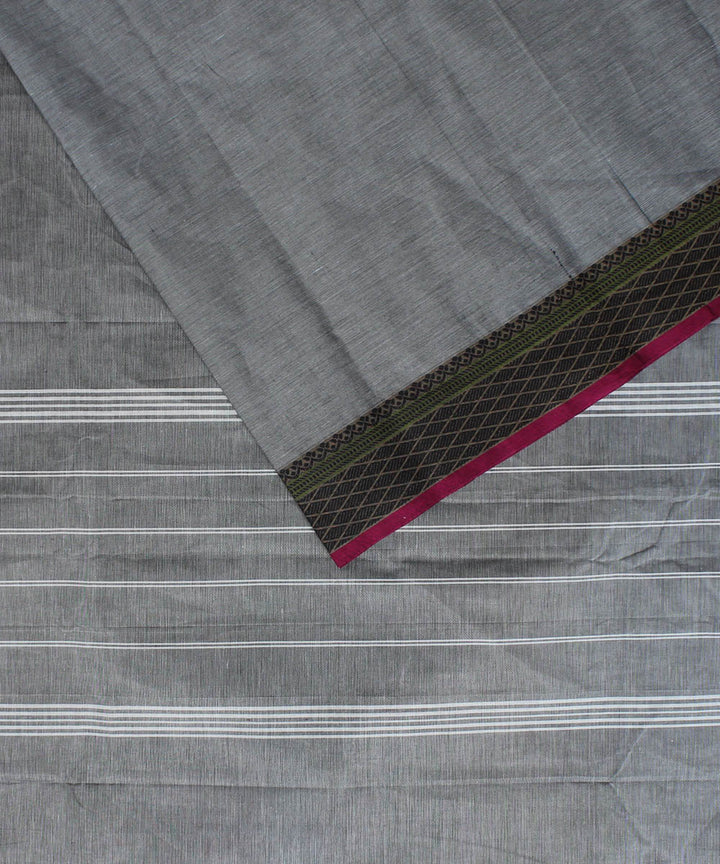 Grey black border chettinadu cotton handwoven kanchi saree