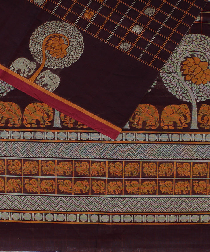 Maroon yaali vana singaram cotton handwoven chettinadu saree