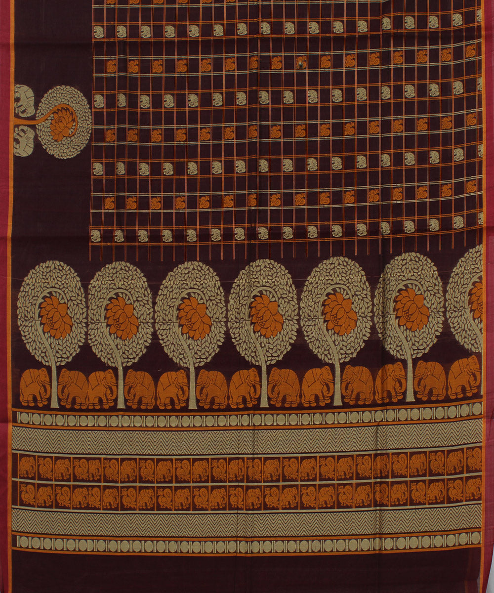 Maroon yaali vana singaram cotton handwoven chettinadu saree