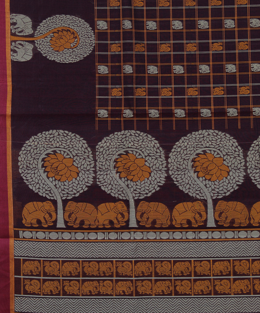 Maroon yaali vana singaram cotton handwoven chettinadu saree