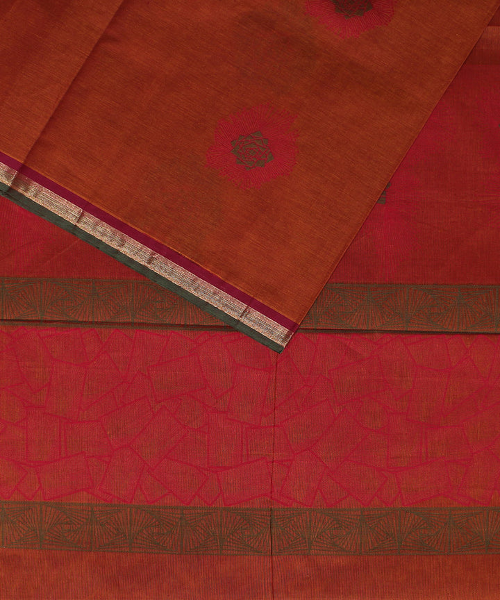 Rust orange kodi visiri floral cotton handwoven chettinadu saree