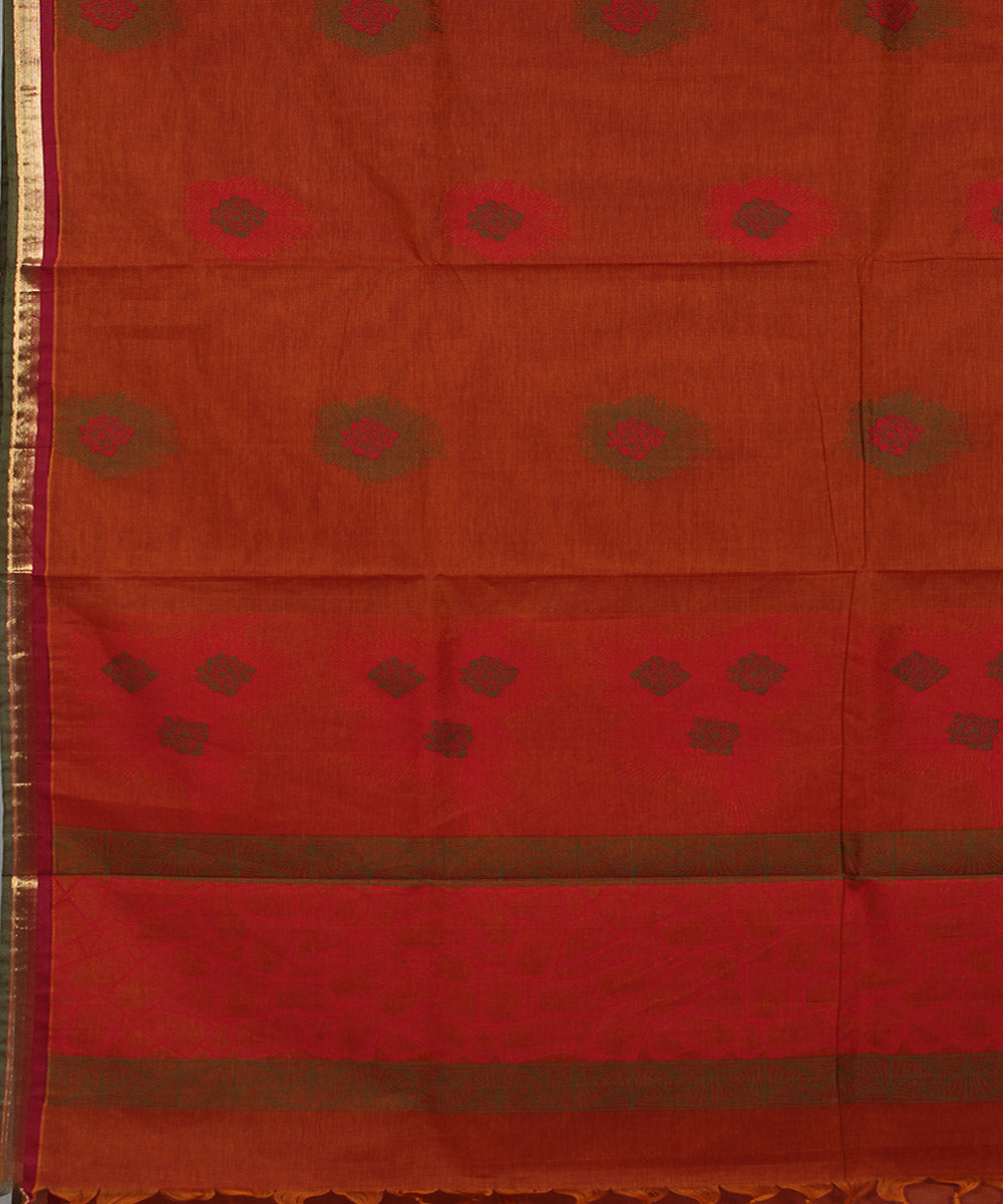 Rust orange kodi visiri floral cotton handwoven chettinadu saree