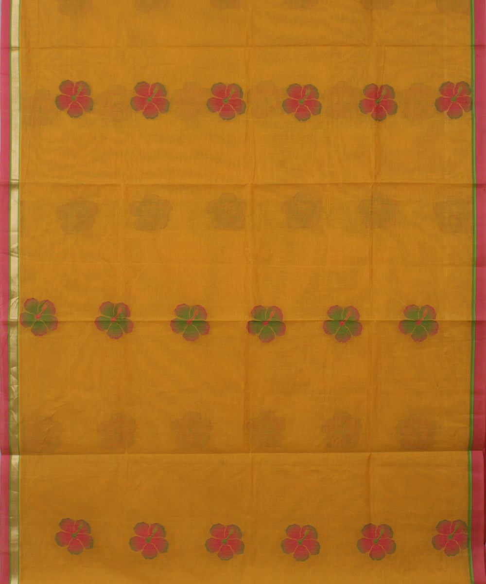 Mustard orange kodi visiri floral cotton handwoven chettinadu saree