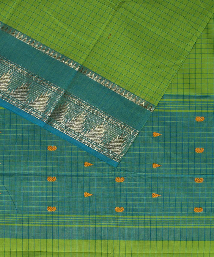 Parrot green podi kottam small checks cotton handloom chettinadu saree