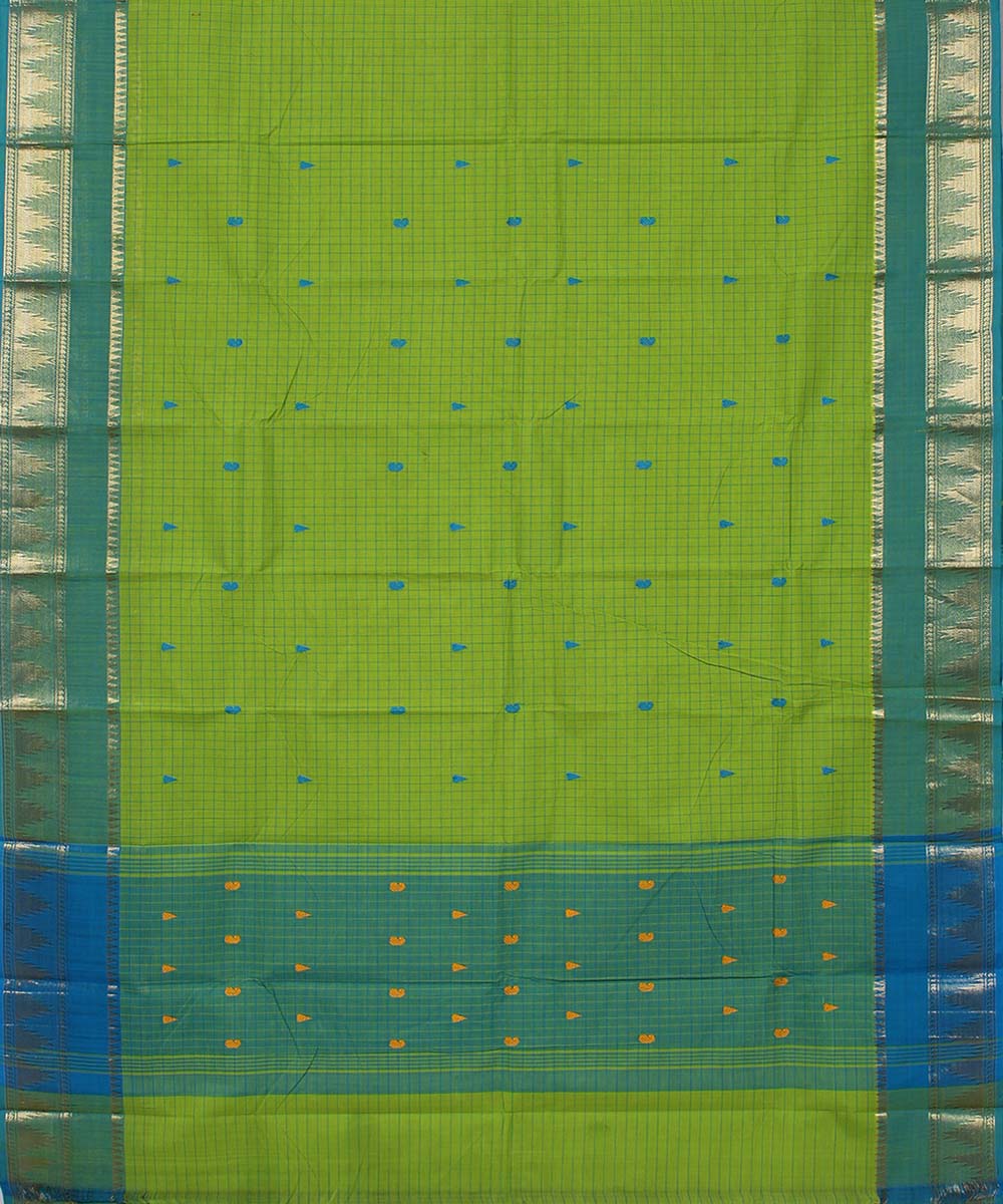 Parrot green podi kottam small checks cotton handloom chettinadu saree