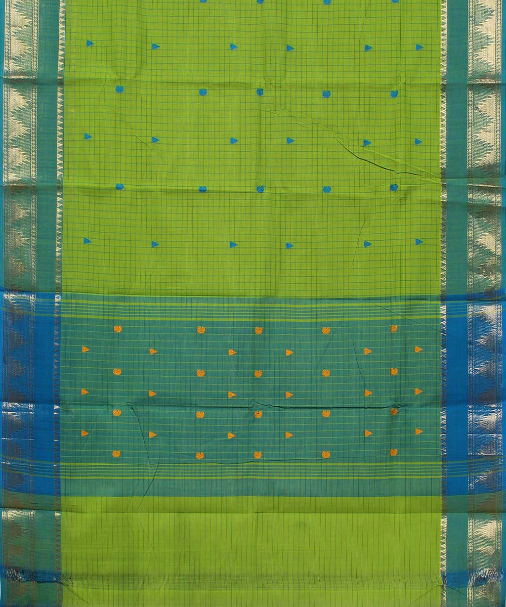 Parrot green podi kottam small checks cotton handloom chettinadu saree