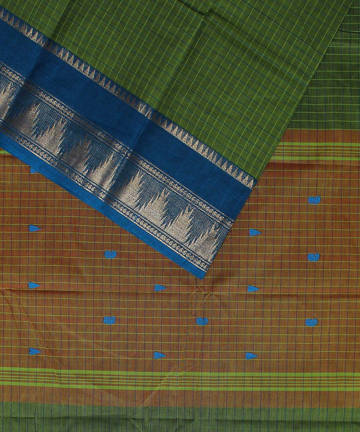 Grass green podi kottam small checks cotton handwoven chettinadu saree