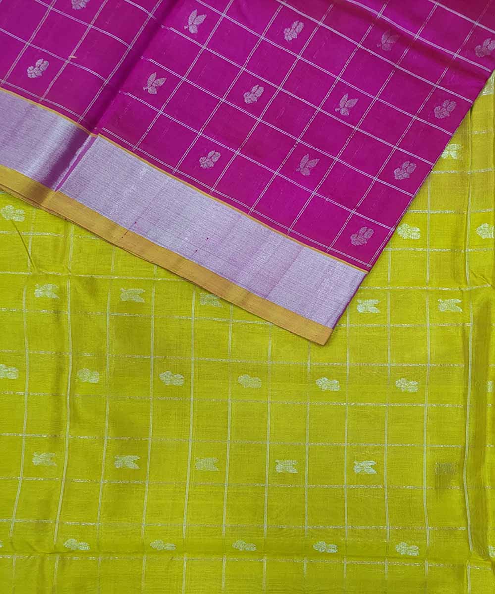 Pink Mustard Zari Checks Handwoven Sico Venkatagiri Saree