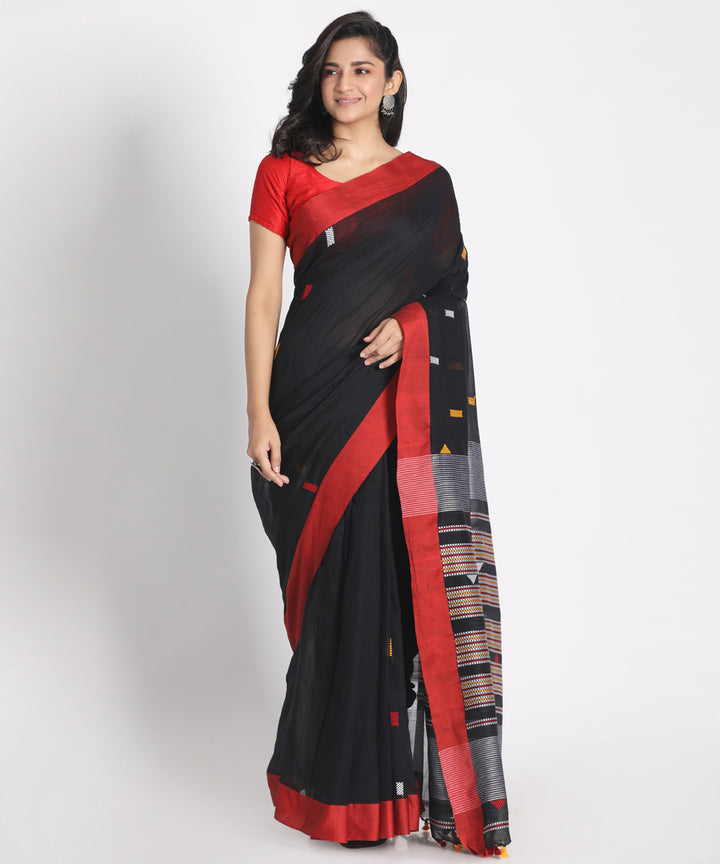 Black red handspun handwoven cotton saree