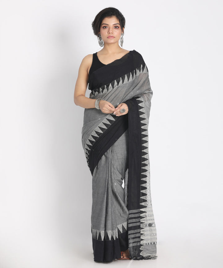 Grey black handspun handwoven cotton saree