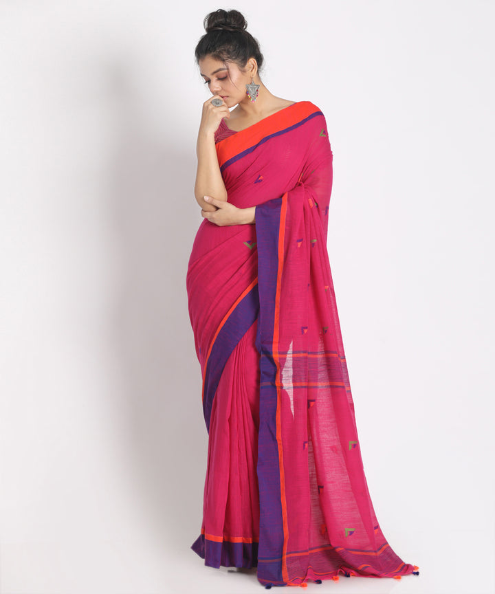 Pink Blue Handwoven Cotton bengal saree