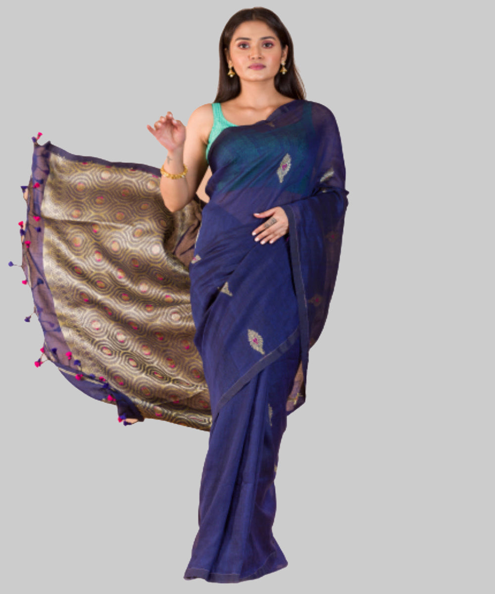 Berry blue handwoven bengal cotton and linen saree