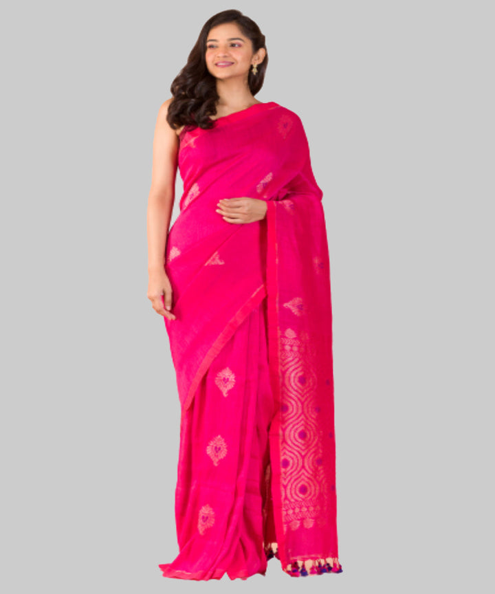 Bright rani pink handwoven bengal cotton and linen saree