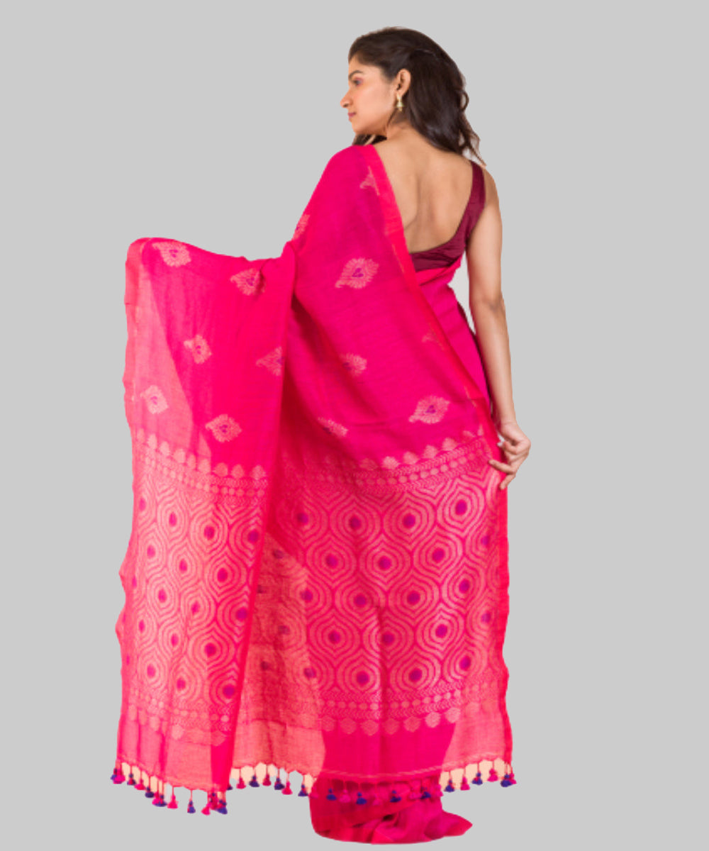 Bright rani pink handwoven bengal cotton and linen saree