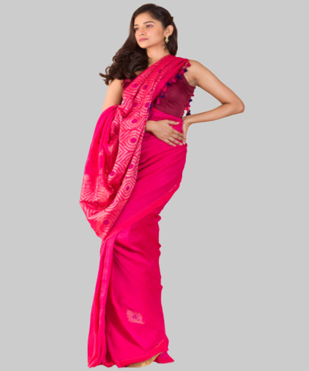 Bright rani pink handwoven bengal cotton and linen saree