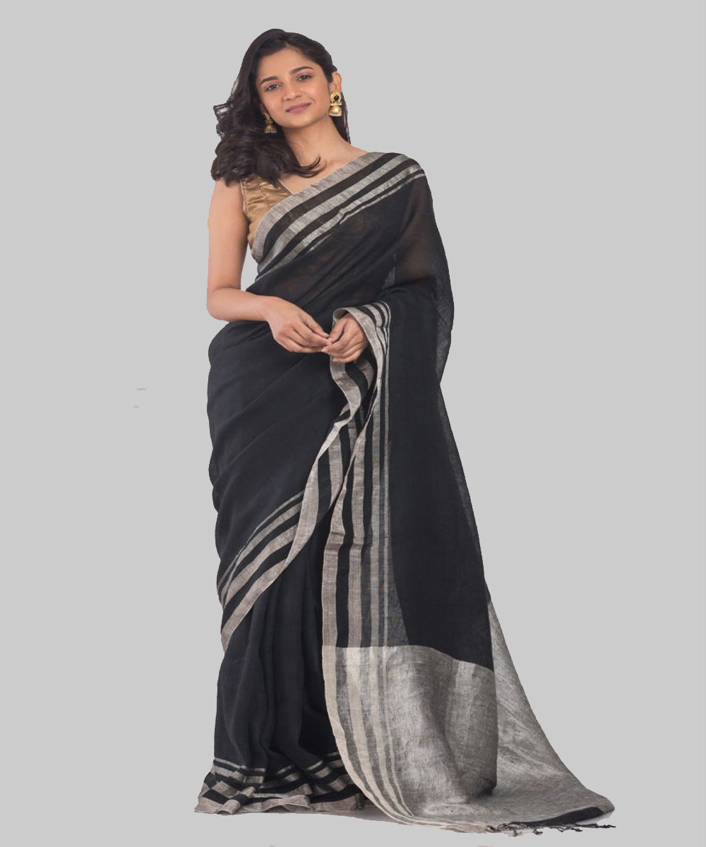 Black silver handwoven bengal linen saree