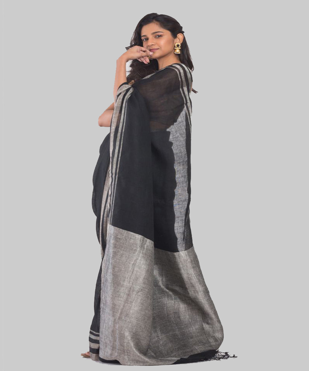 Black silver handwoven bengal linen saree