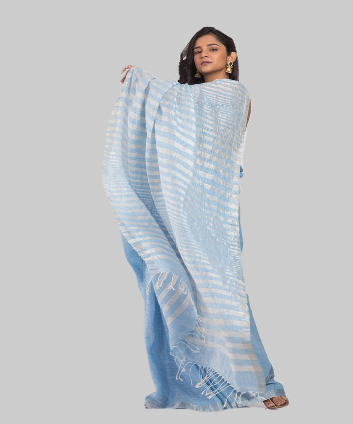 Sky blue silver handwoven bengal linen saree