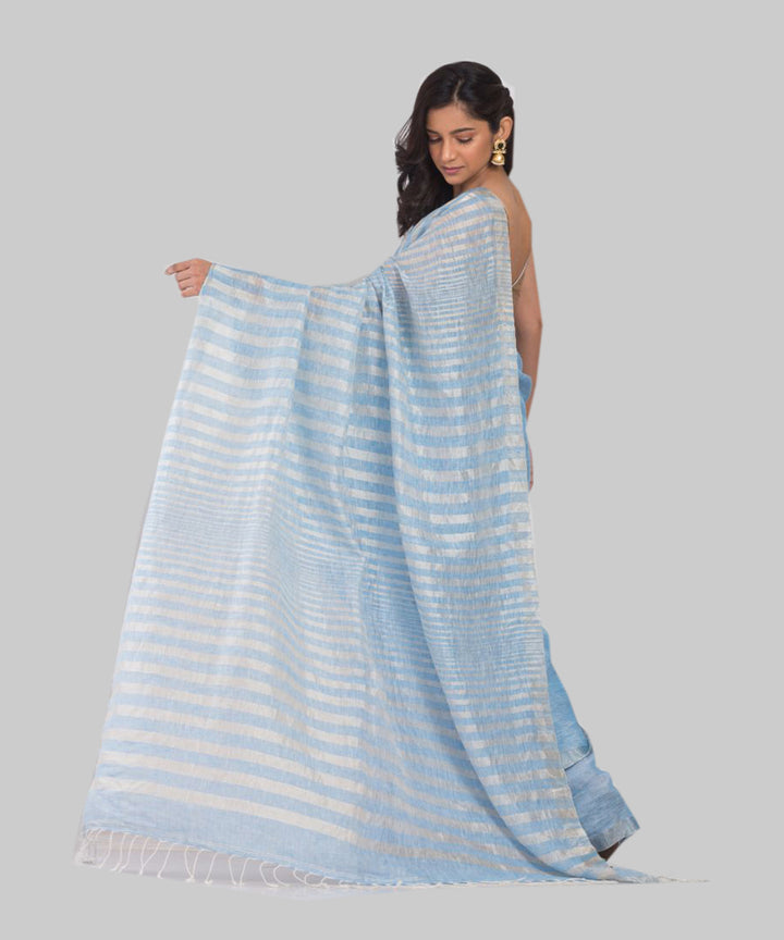 Sky blue silver handwoven bengal linen saree