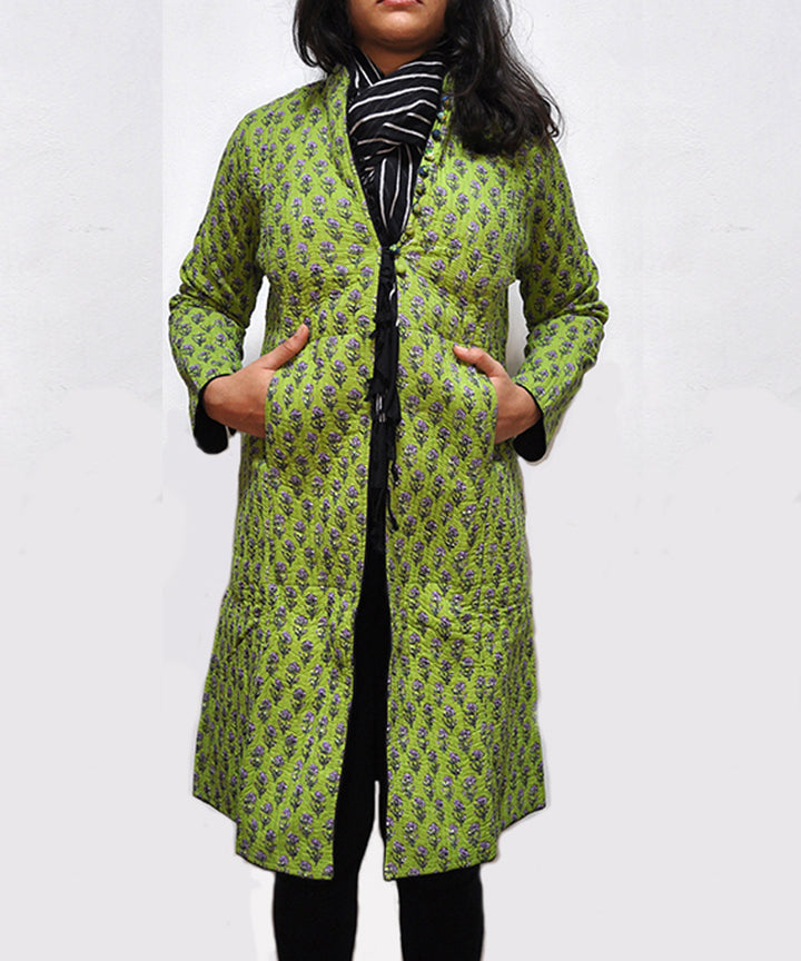 Green black handblock printed cotton quilted long jacket