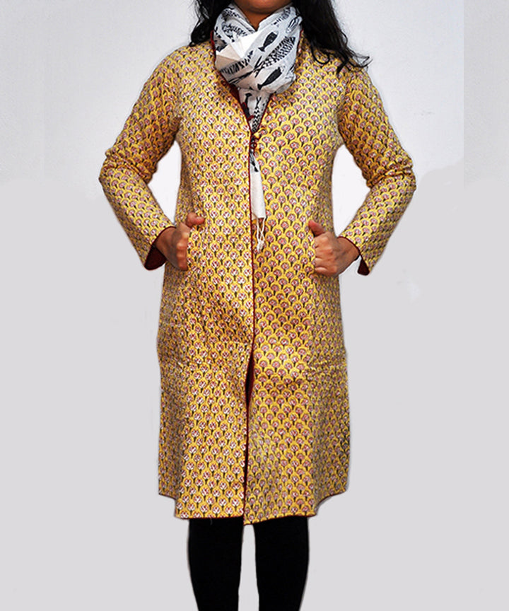 Pastel yellow maroon printed cotton quilted long jacket