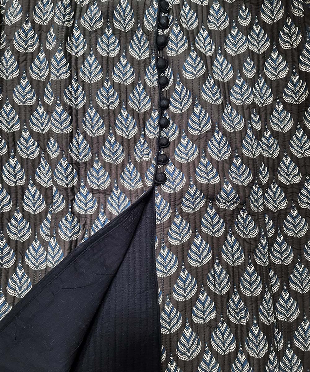 Coffee black handblock printed cotton quilted long jacket