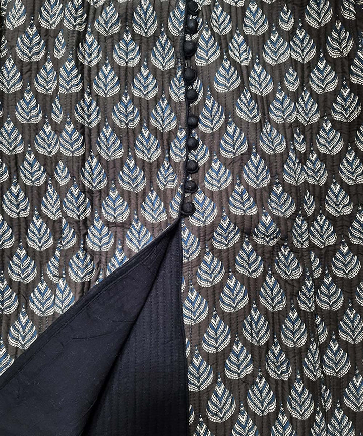 Coffee black handblock printed cotton quilted long jacket
