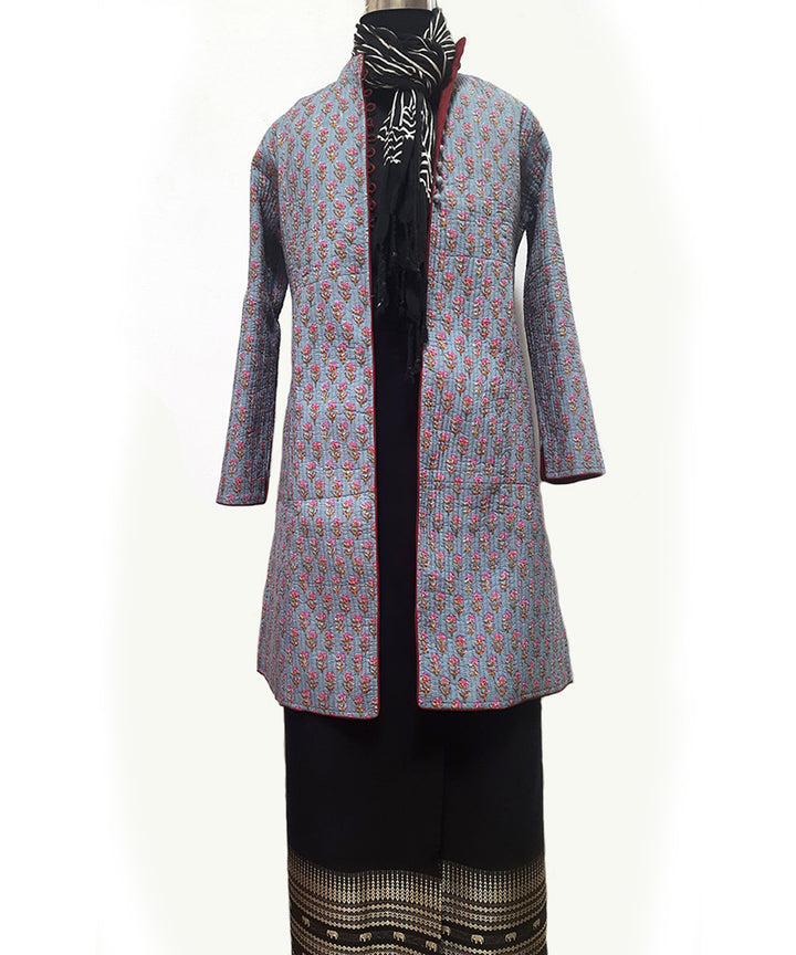 Blue maroon handblock printed cotton quilted long jacket