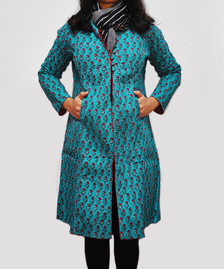 Turquoise maroon handblock print cotton quilted long jacket