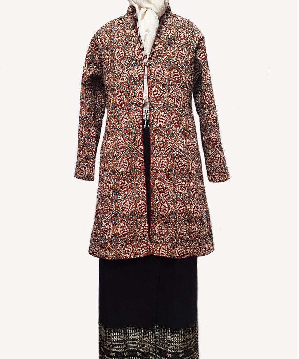 Ochre maroon handblock printed cotton quilted long jacket