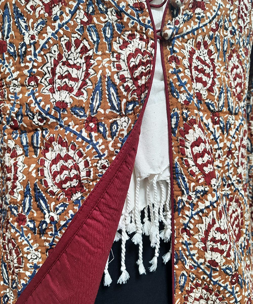 Ochre maroon handblock printed cotton quilted long jacket