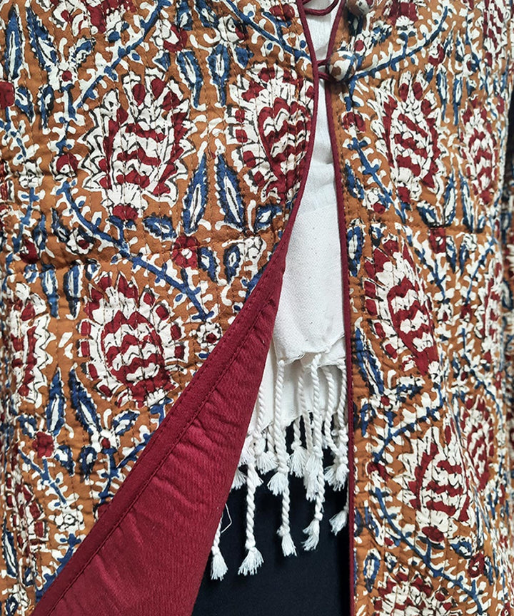 Ochre maroon handblock printed cotton quilted long jacket
