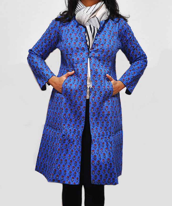 Cobalt blue handblock printed cotton quilted long jacket