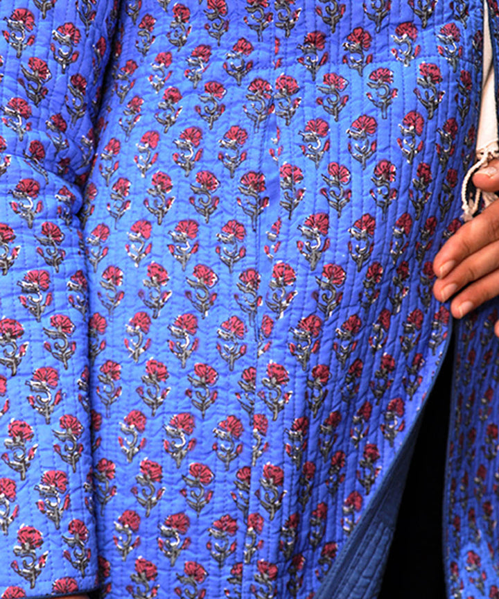 Cobalt blue handblock printed cotton quilted long jacket