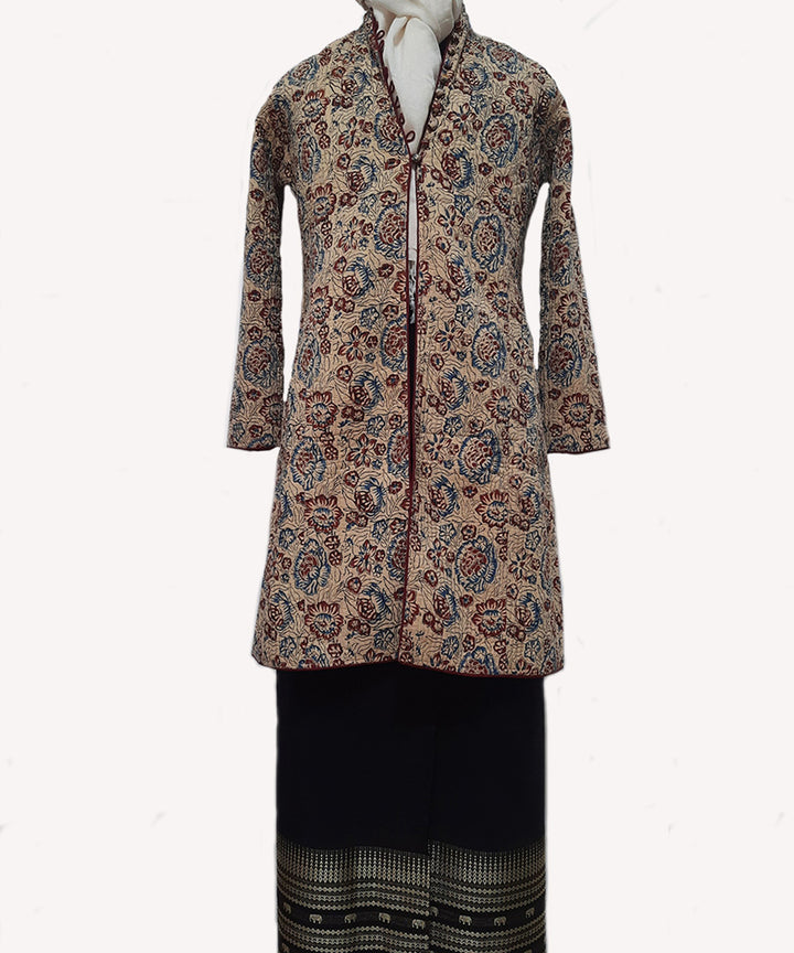 Beige maroon handblock printed cotton quilted long jacket