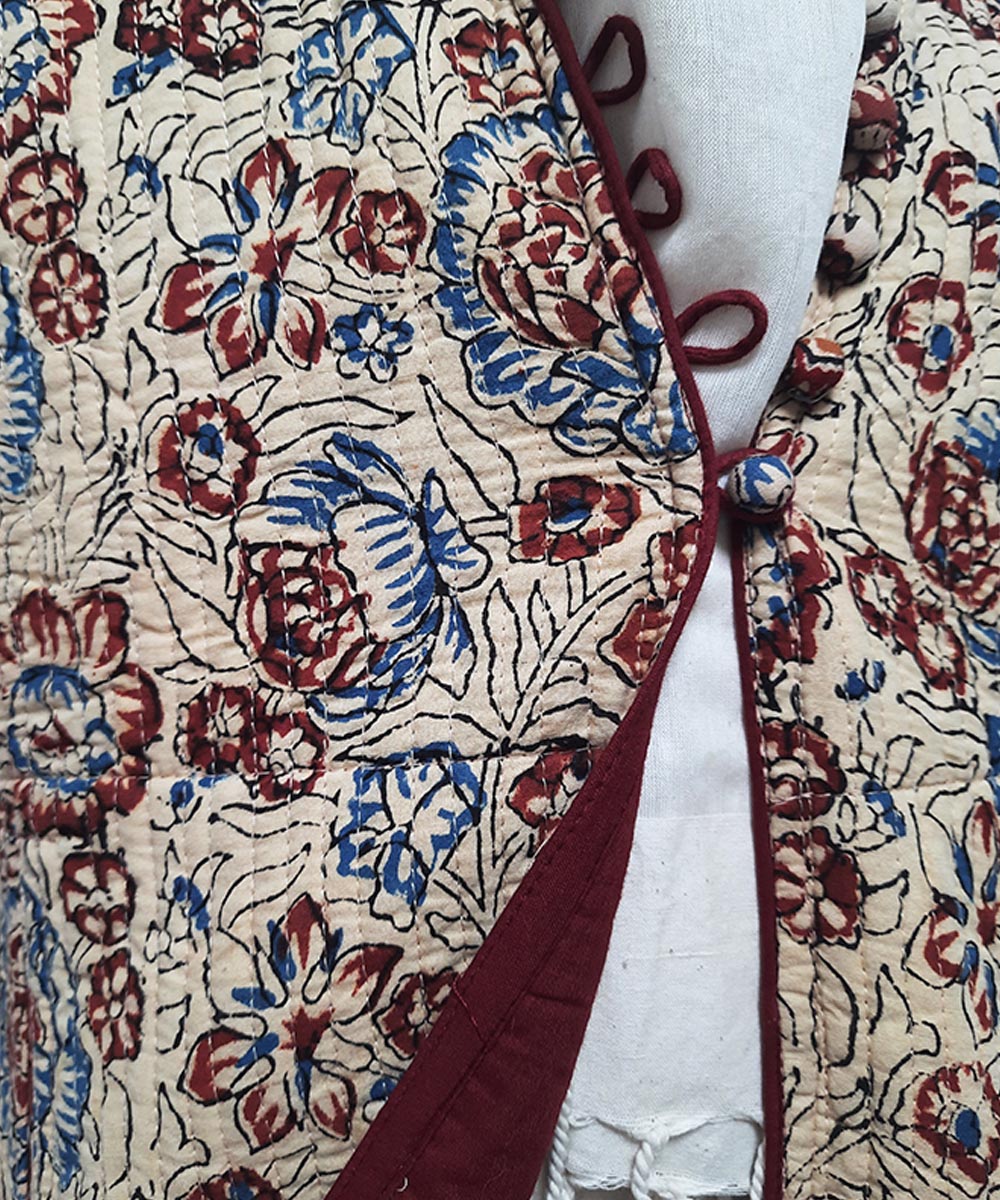 Beige maroon handblock printed cotton quilted long jacket