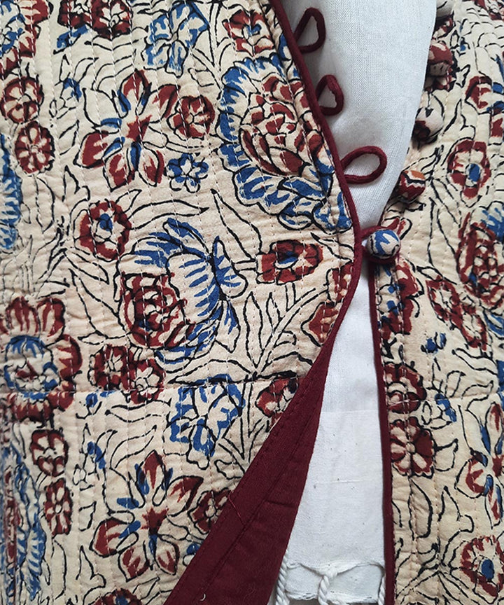 Beige maroon handblock printed cotton quilted long jacket