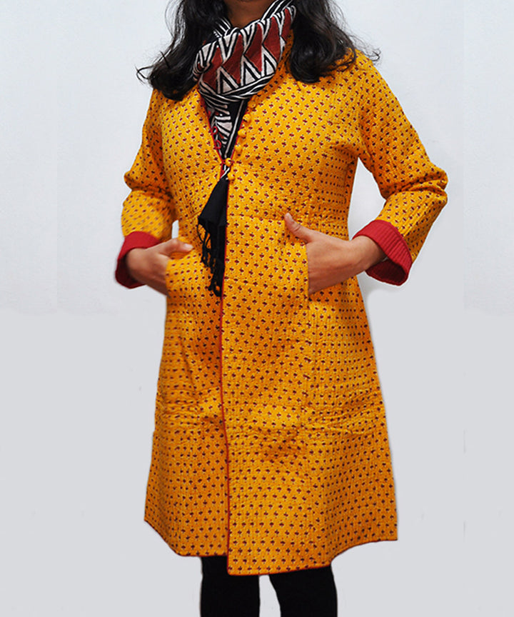 Golden yellow maroon block print cotton quilted long jacket