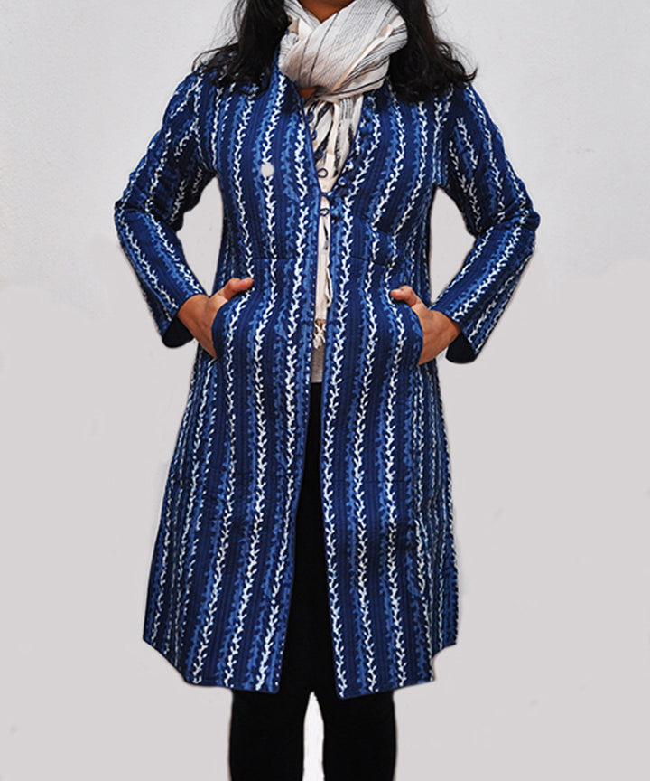 Indigo navy handblock printed cotton quilted long jacket