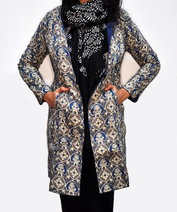 Taupe grey navy handblock print cotton quilted long jacket