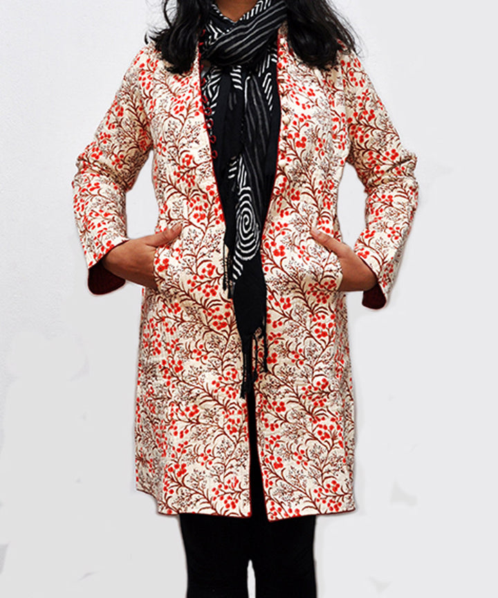 White maroon handblock printed cotton quilted long jacket