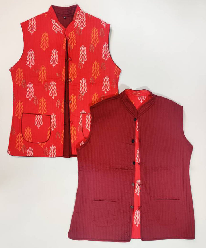 Red leaf print reversible jacket with cotton quilting