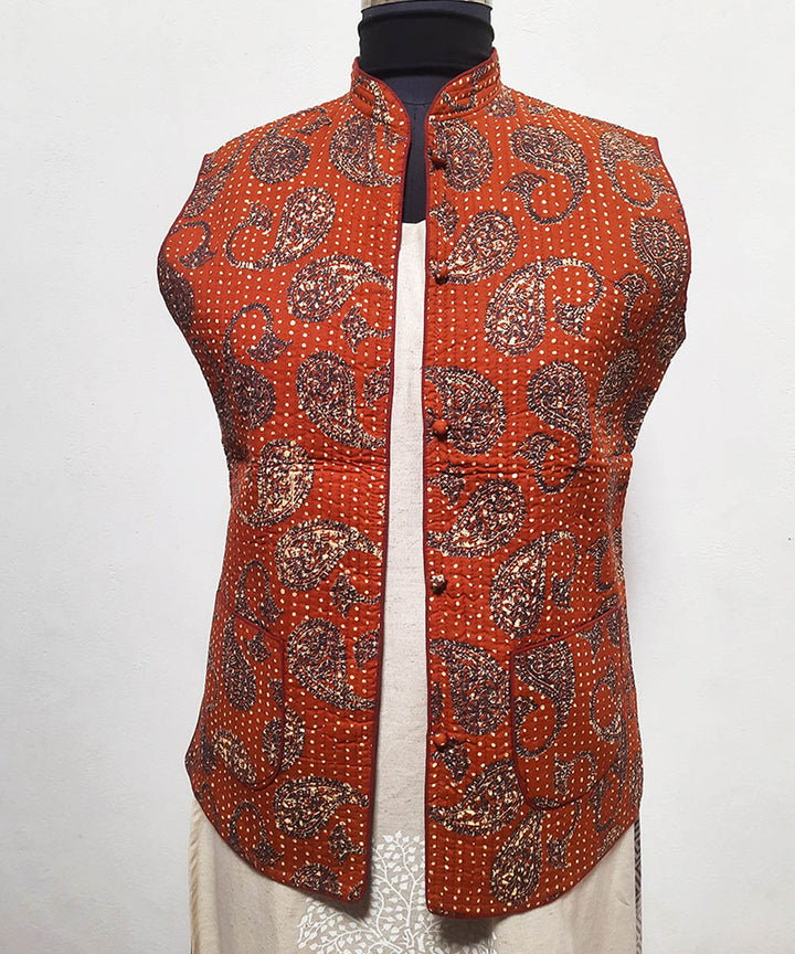 Reddish brown paisley printed reversible jacket with cotton quilting