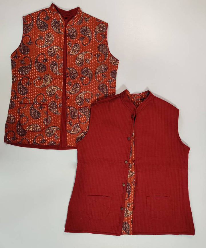 Reddish brown paisley printed reversible jacket with cotton quilting