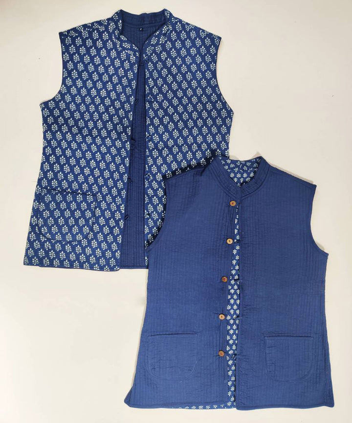 Indigo and white printed reversible jacket with cotton quilting