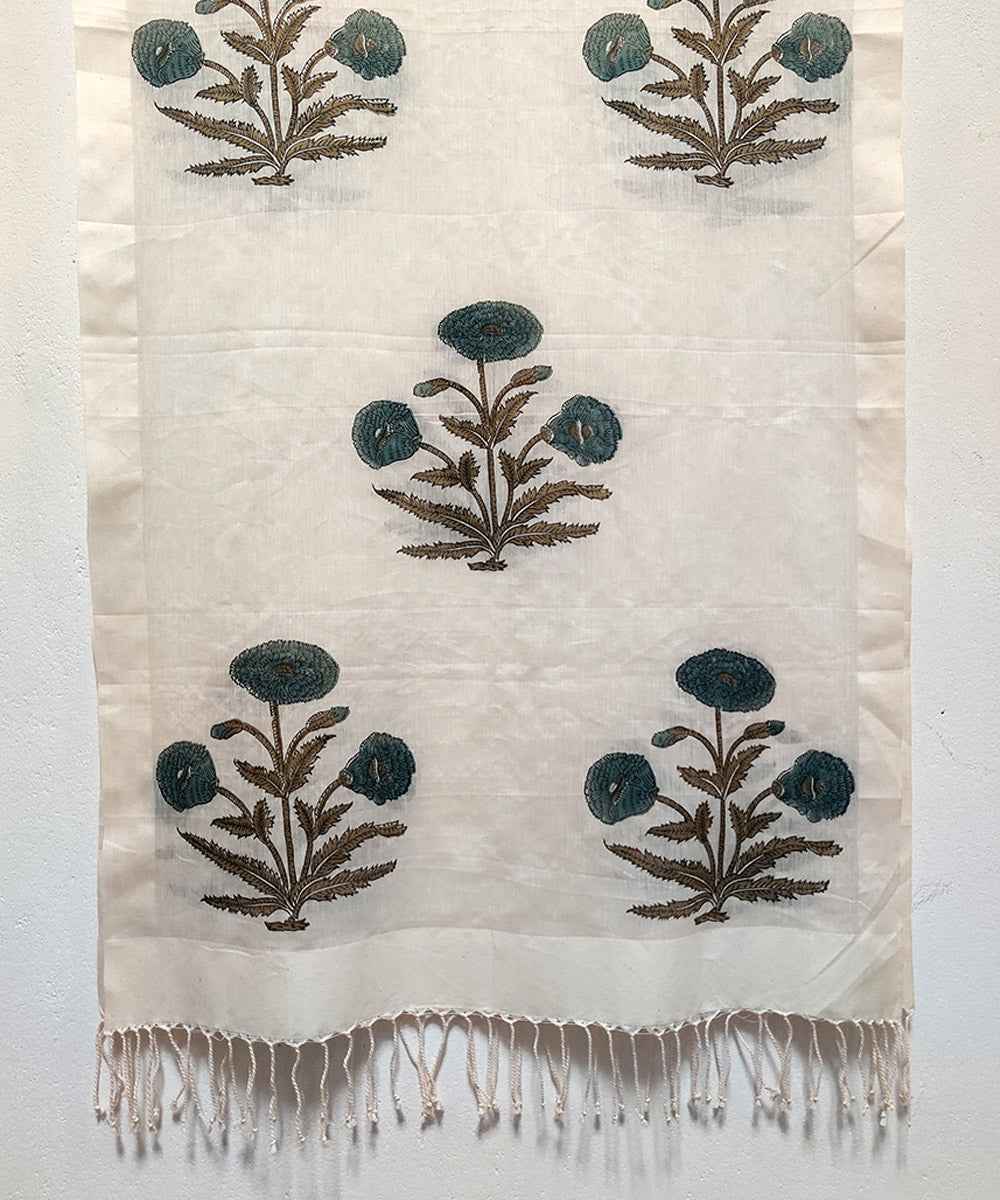 Beige cotton silk floral mughal butta hand block print stole