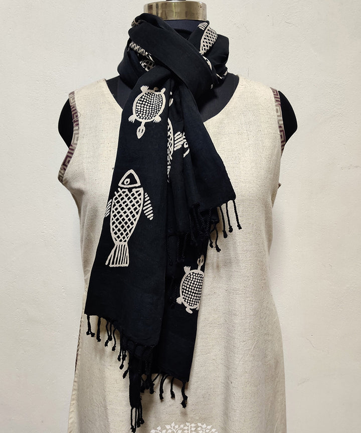 Black and beige cotton silk fish turtle hand block print stole