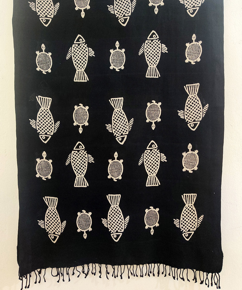 Black and beige cotton silk fish turtle hand block print stole