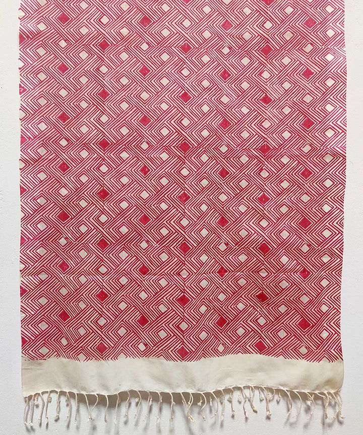 Red and white cotton silk hand block print stole