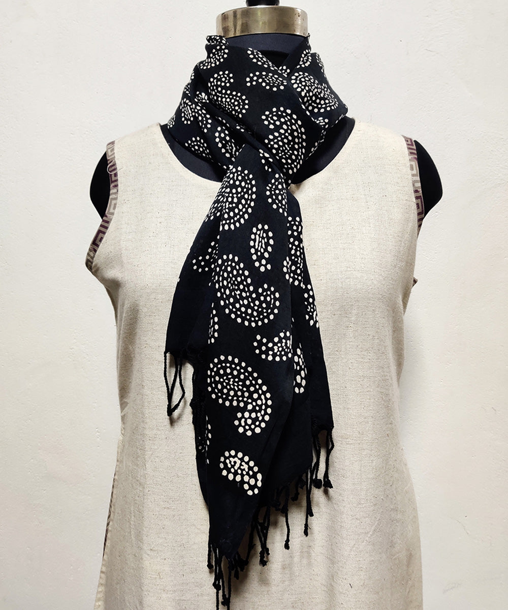 Black white paisley cotton silk handblock print stole